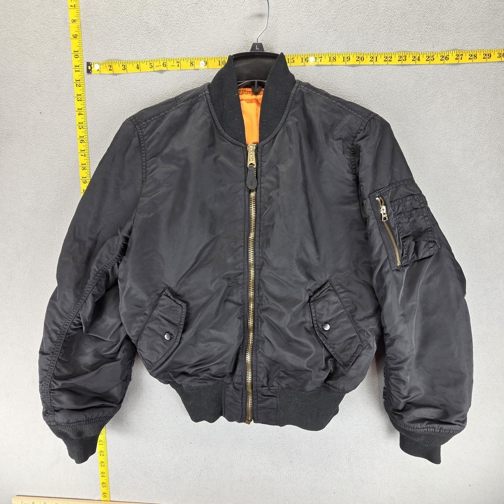Alpha Industries Jacket Mens Large Black MA-1 Bomber Flight Nylon Orange Lining